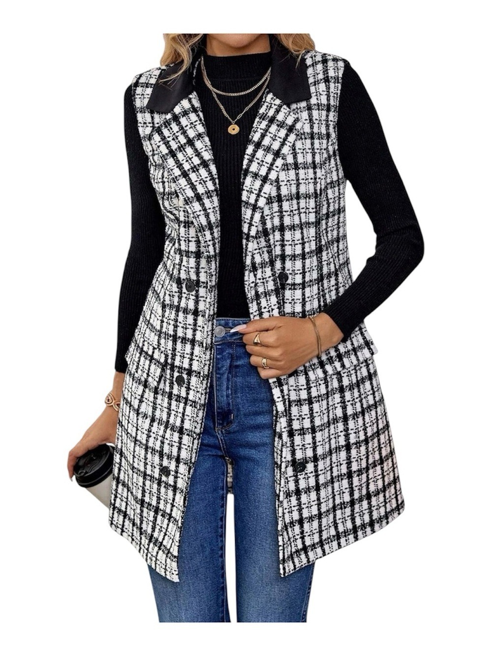 Black White Tweed Sleeveless Blazer Waistcoat XXL